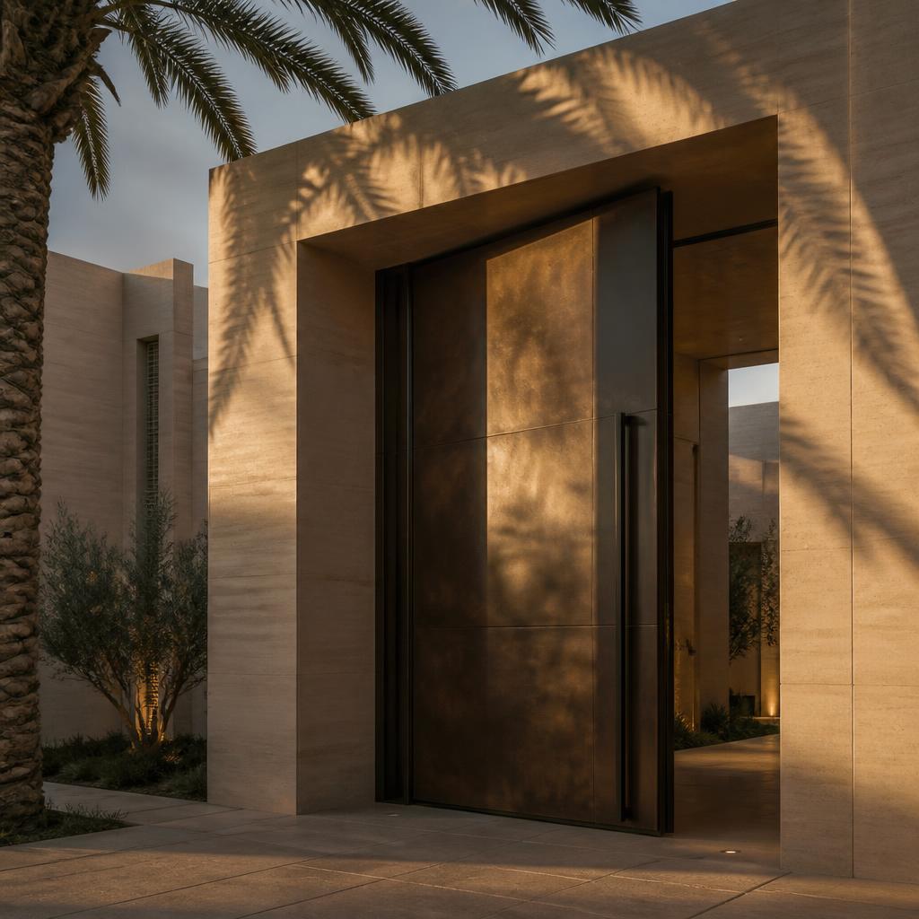 Grand exterior pivot entrance door of a luxury villa at dusk