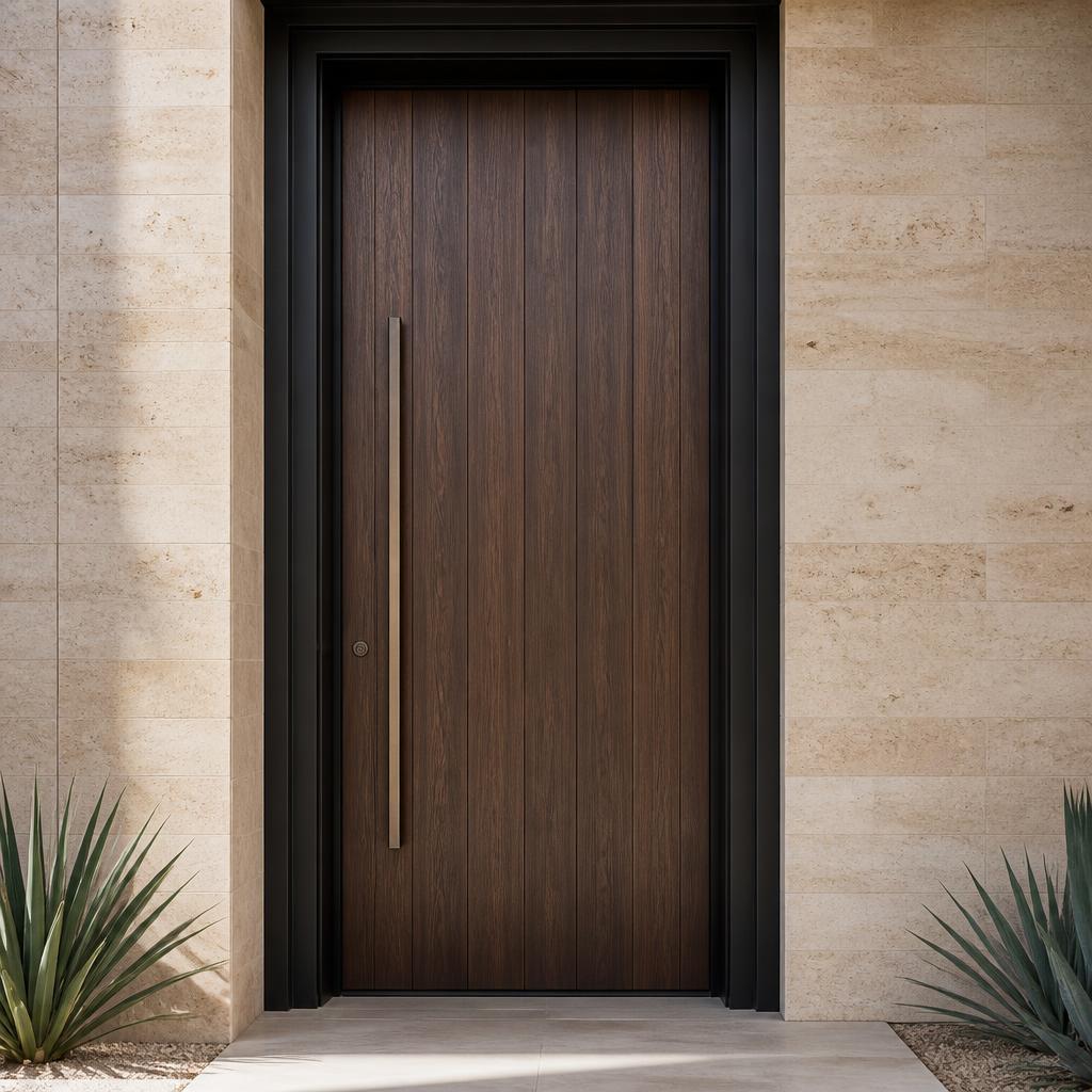 Heavy timber exterior entrance door with black steel frame