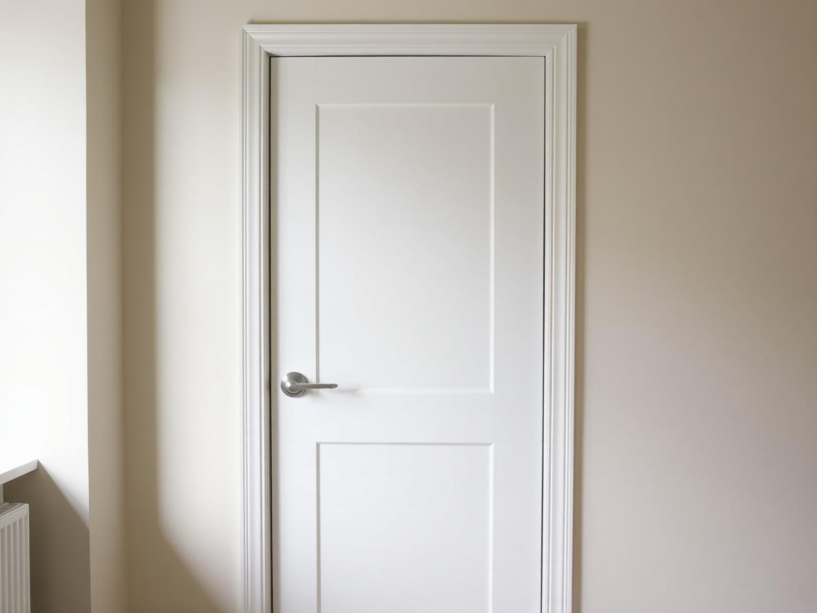 Floor-to-ceiling flush oak interior door in minimalist residential hallway