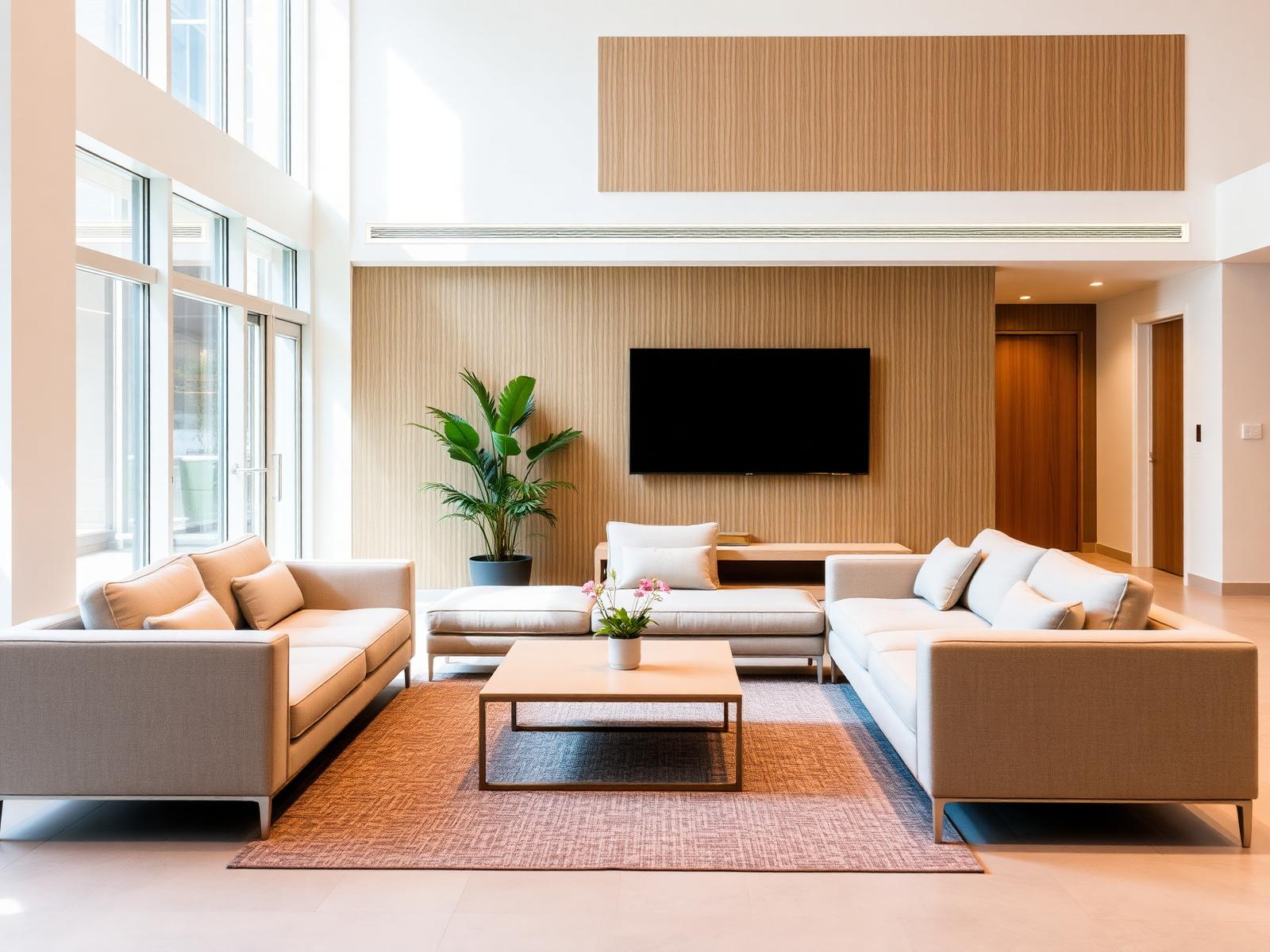 Modular sofa arrangement in bright contemporary residential lobby