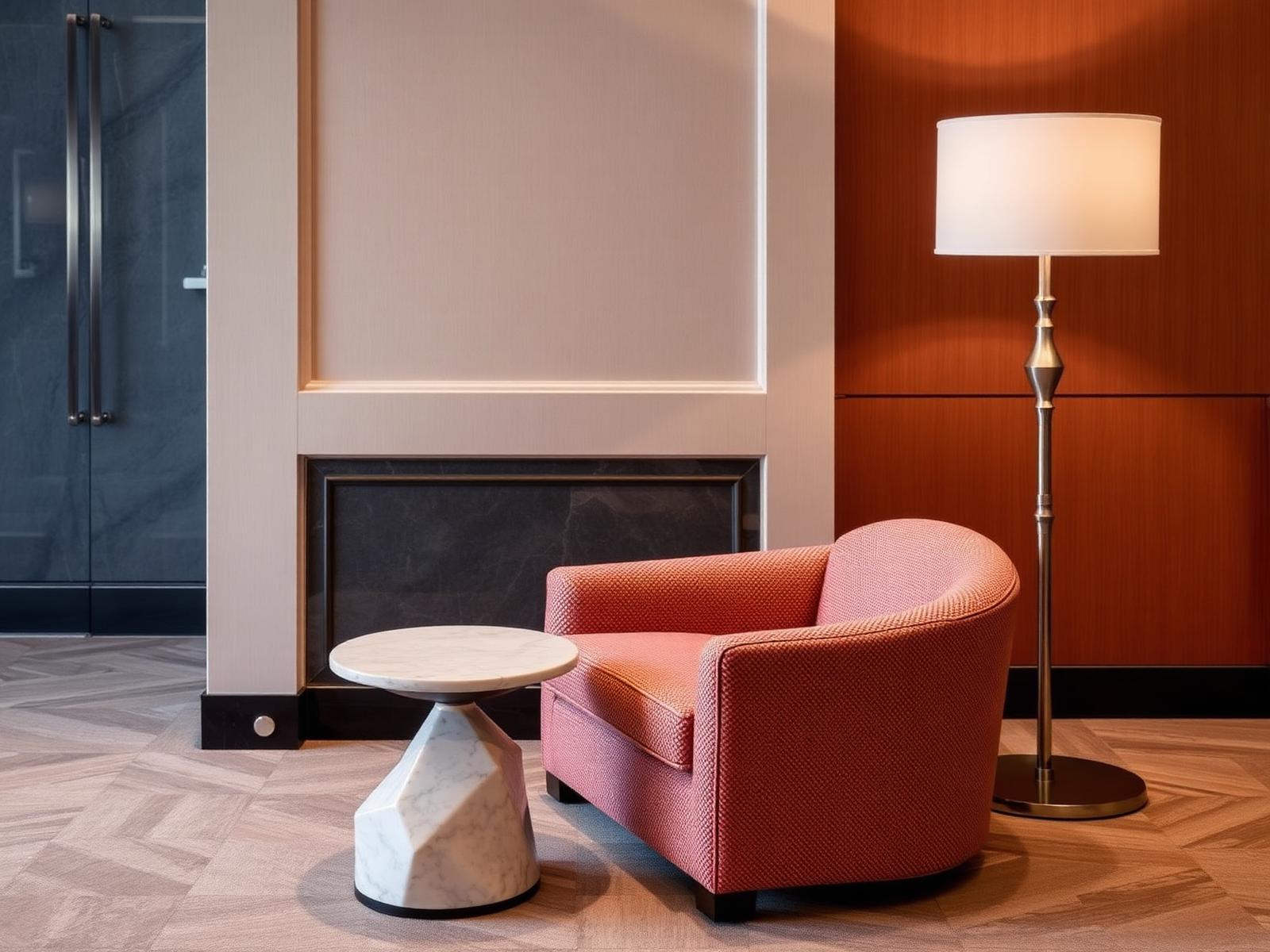 Luxury lounge vignette with designer armchair, marble side table and floor lamp