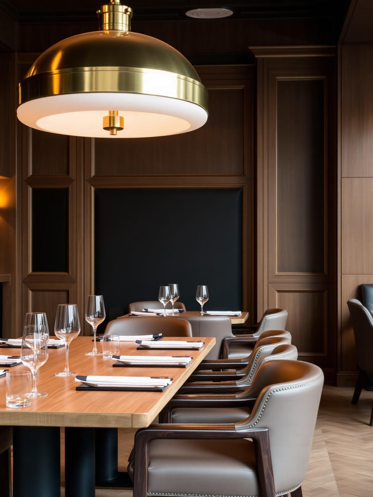 Hotel restaurant dining setting with upholstered chairs and brass pendant lights