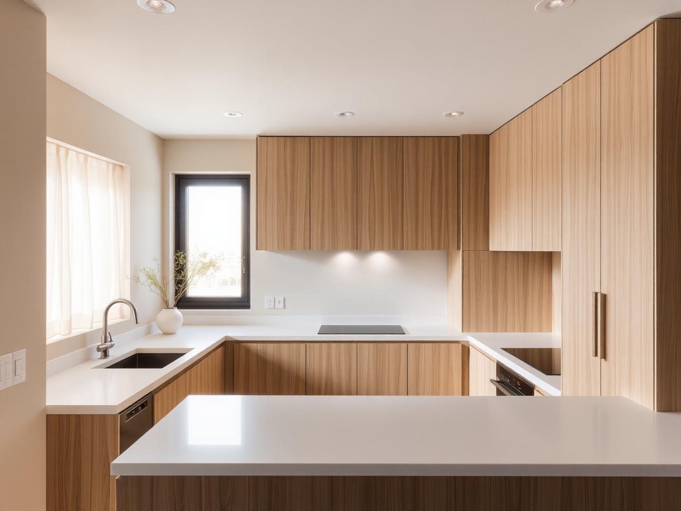 Contemporary shaker kitchen in light oak with white quartz counters
