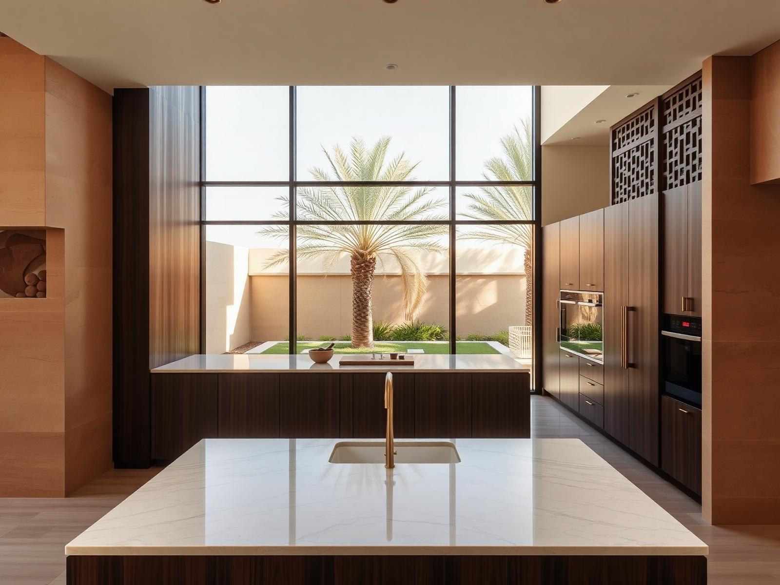 Premium European kitchen in dark walnut with marble island and brass hardware