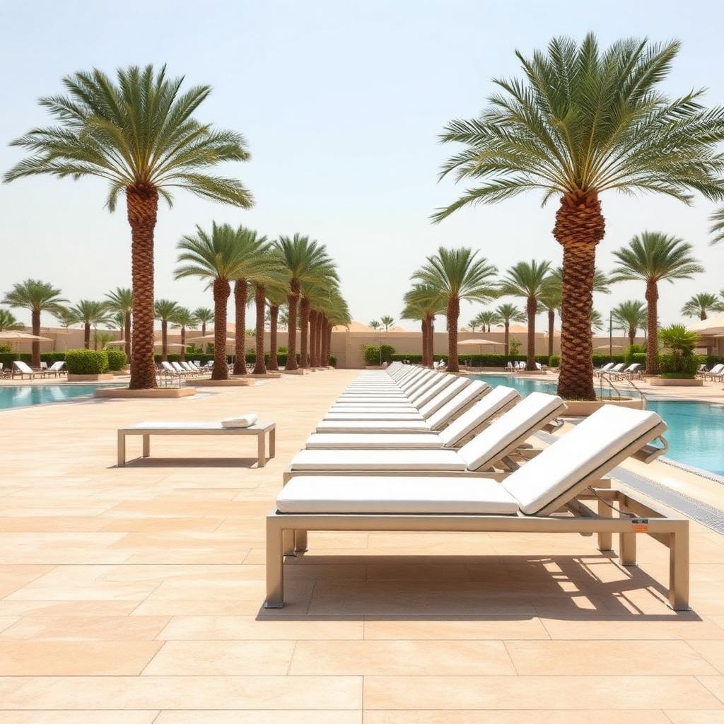 Row of powder-coated aluminium sun loungers on a Gulf resort pool deck