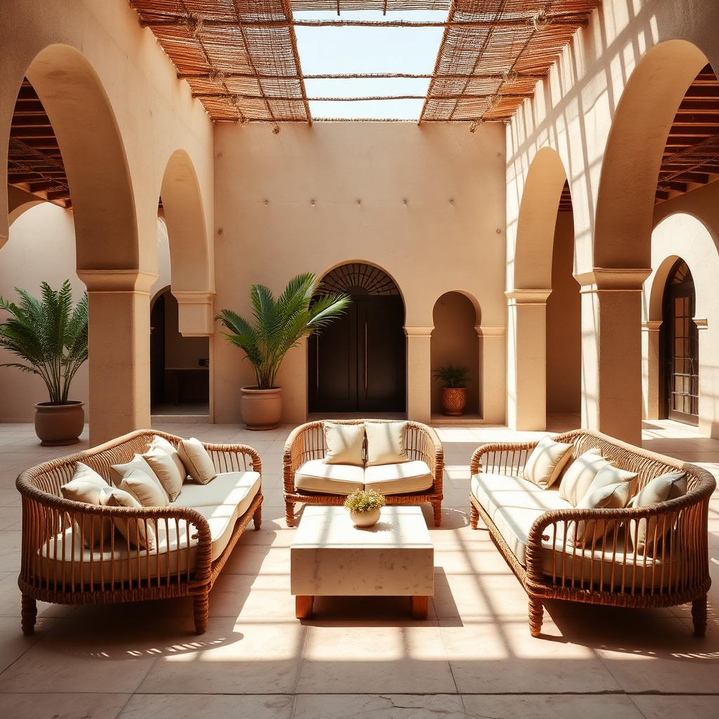Shaded courtyard majlis with rope and teak modular sofa in a Gulf villa