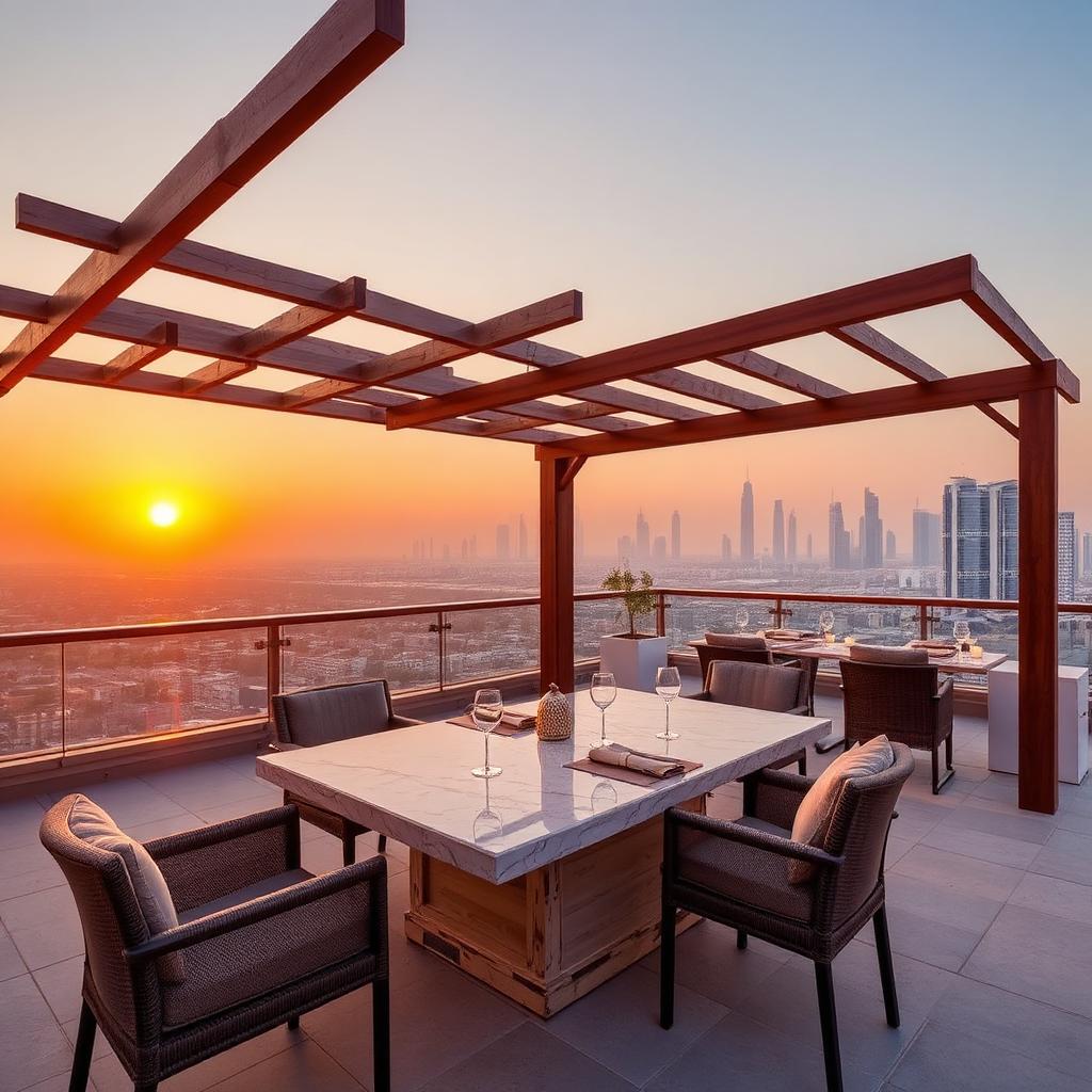 Rooftop pergola dining set with book-matched stone table overlooking the Dubai skyline