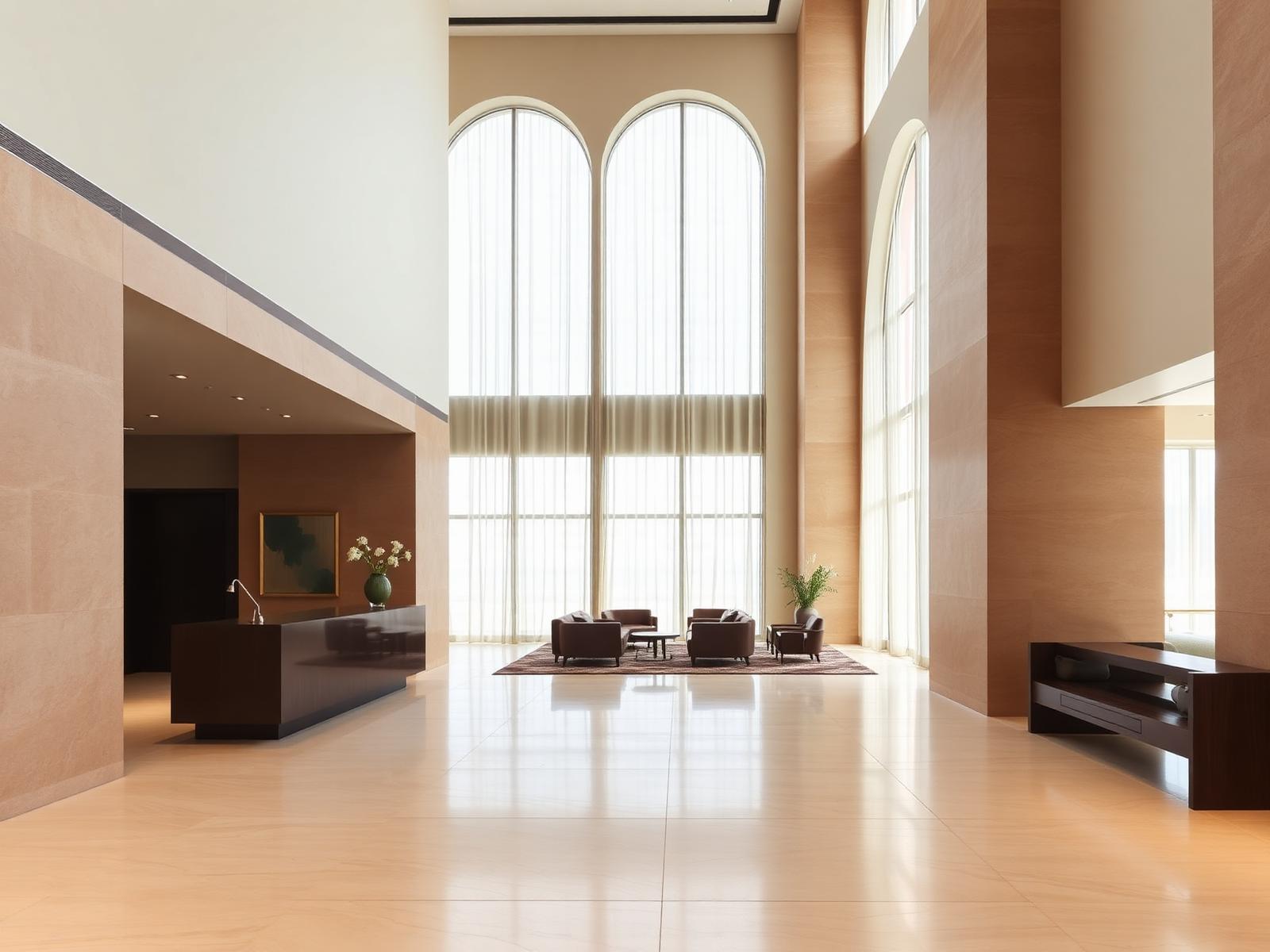 Contemporary Gulf hotel lobby with large-format honed beige limestone floor tiles