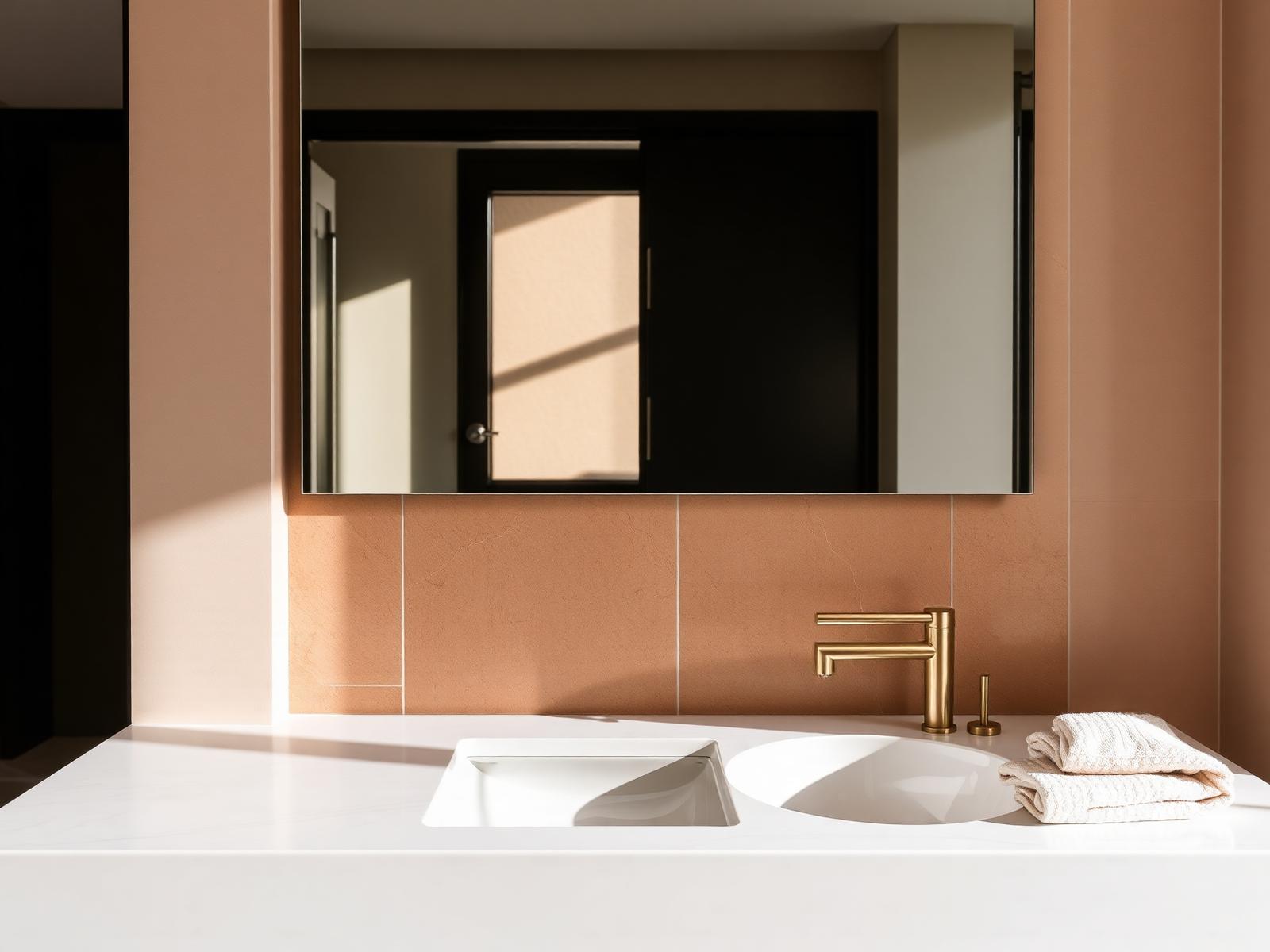 Bathroom vignette with honed marble vanity and sandstone accent wall in a Gulf residence