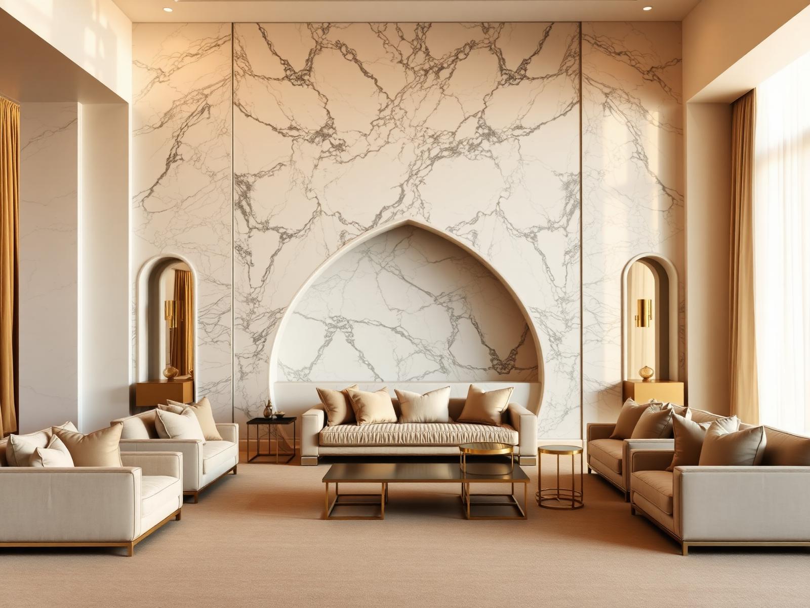 Bookmatched Calacatta marble feature wall behind a majlis seating area in a Riyadh villa